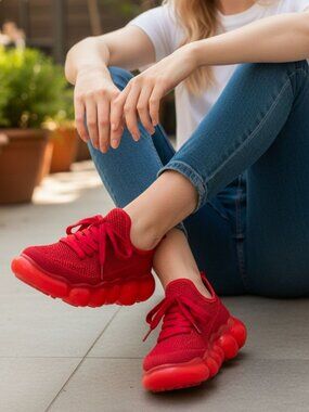 Red Mesh Athletic Sneakers With Bubble Sole - Breathable Lightweight Design For